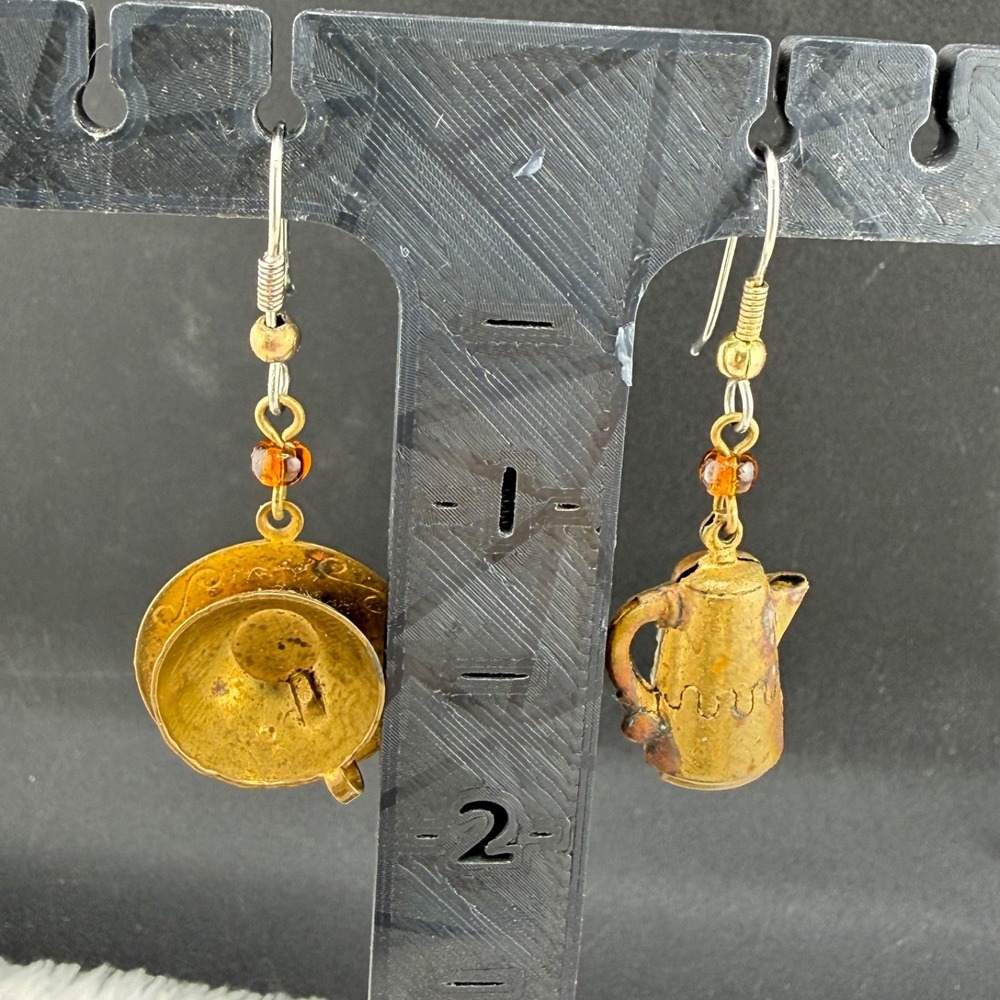 Vintage Brass Earrings Cup and Saucer Teapot Pierced Dangle